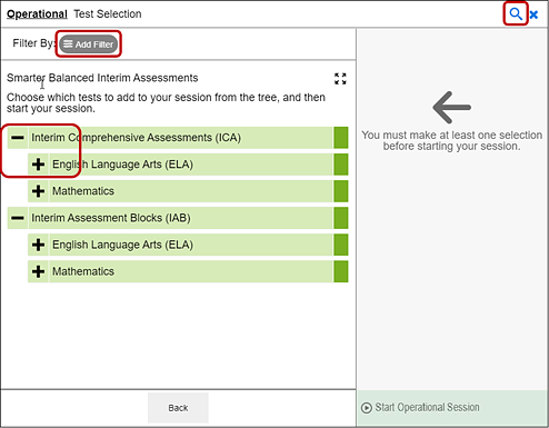 Test selection tree screen within the Test Administrator Interface, with the Add Filter button, plus and minus, and Search indicated