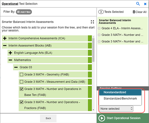 Operational Test Selection Screen with the drop-down list called out. The options include Nonstandardized and Standardize/Benchmark.