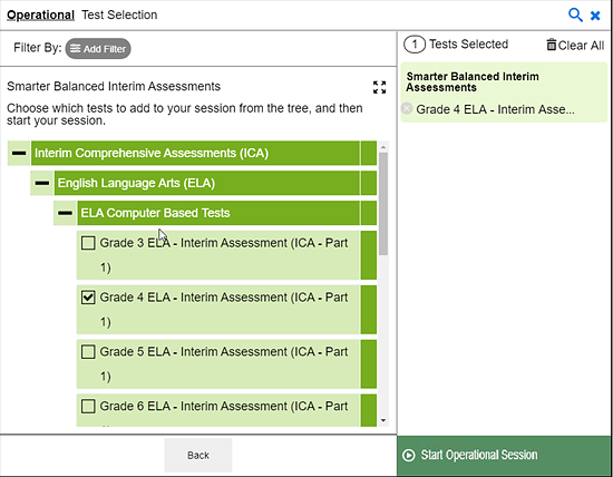 Test Selection tree screen with Grade 4 ELA Interim Test (ICA) test selected