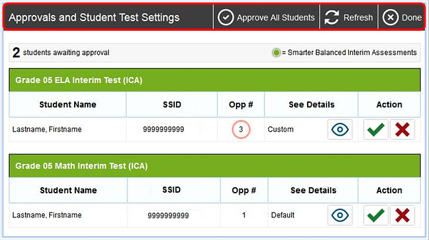 Approvals and Student Test Settings screen, with the Approvals and Student Test Settings header called out 