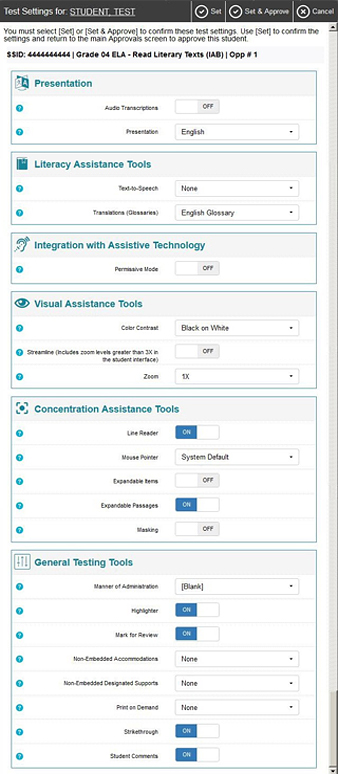Test Settings screen for a sample student