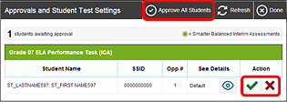 Approvals and Student Test Settings screen, with the following called out: Approve All Students button, , and  
