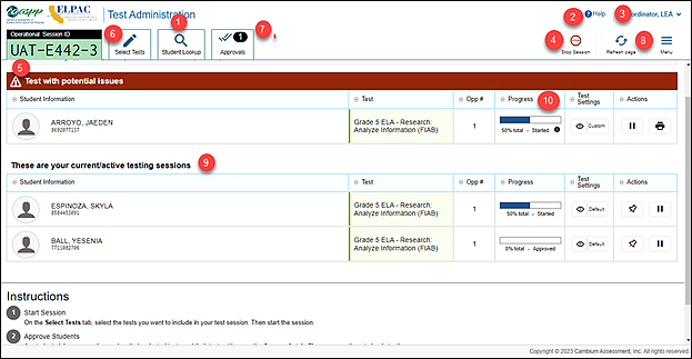 TA Interface landing page with the corresponding callouts in the table following the figure.