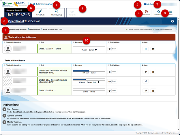 TA Interface landing page with the corresponding callouts in the table following the figure.