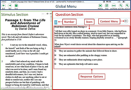 A sample item page, with the following features called out: global menu, stimulus section, question section; the question section includes the item number, stem, context menu, and response options