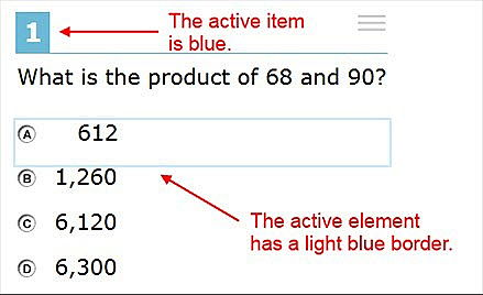 Overview of elements for multiple-choice and selected-response items with callouts for active items and active elements