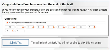Test review screen with 'Complete this test segment and submit it. This will end this test session. You will not be able to view this test again.' called out
