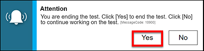 End Test Alert message, with the Yes button called out.