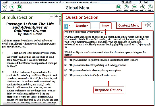 A sample item page, with the following features called out: global menu, stimulus section, question section; the question section includes the item number, stem, context menu, and response options.
