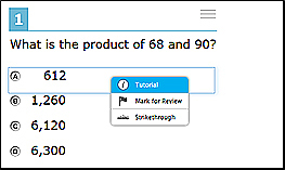 Sample context menu for answer options, which includes 'Tutorial,' 'Mark for Review,' and 'Strikethrough' options.
