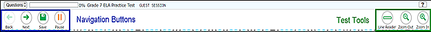 Sample global menu with the navigation buttons (Back, Next, Save, and Pause) and the test tools (Line Reader, Zoom Out, and Zoom In).