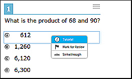 Sample context menu for answer options, which includes 'Tutorial,' 'Mark for Review,' and 'Strikethrough' options.