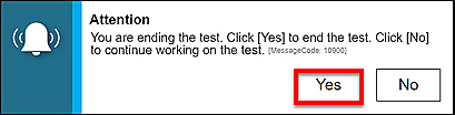 End Test Alert message, with the Yes button called out.