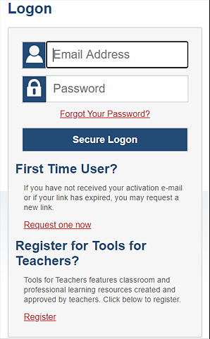 Logon screen with fields for email address and password as well as a Secure Logon button