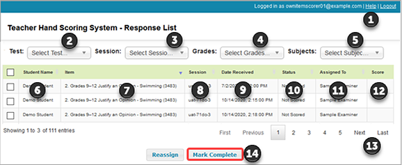 Teacher Hand Scoring System - Response List screen with callouts that are described in numbered list after