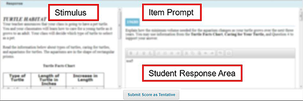 IAHSS Response section, with the stimulus, item prompt, and student response area called out 