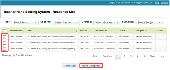 Teacher Hand Scoring System - Response List table with both student checkboxes and the Mark Complete button called out