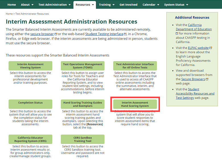 Interim Assessment Administration Resources web page with the Interim Assessment Hand Scoring System button called out