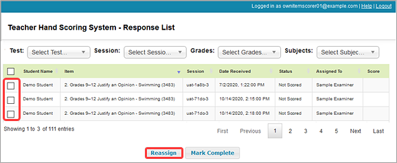 Teacher Hand Scoring System - Response List table with both student checkboxes and the Reassign button called out
