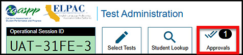 A portion of the test administration window, with the Approvals button called out. 