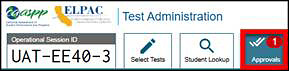 Students Awaiting Approval portion of the Test Administrator Interface with the Approvals button called out.