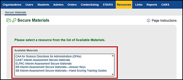 Secure Materials screen with the list of available materials indicated.