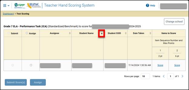 Test Scoring Screen with toggle arrow called out. 