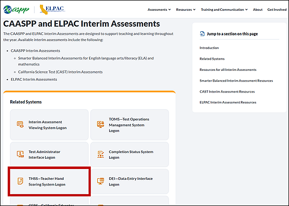 CAASPP & ELPAC Website with the Teacher Hand Scoring System Logon button indicated.