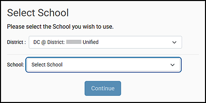 Select School screen for coordinators with drop-down lists for District and School.