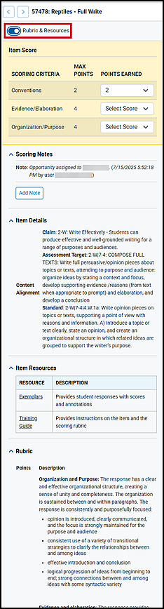 Rubrics and Resources section of the Item Scoring screen with the toggle indicated.