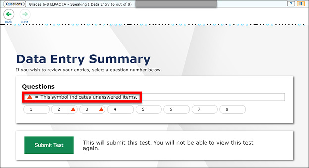 Data Entry Summary screen with the text indicating the triangle symbol equals unanswered items called out.