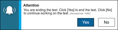 Attention message box stating the test has ended.