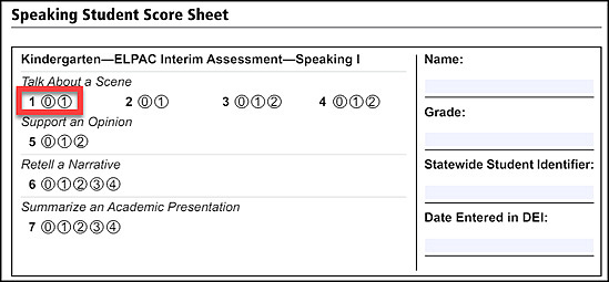 Sample Speaking Interim Assessment Student Score Sheet with item 1 indicated. 