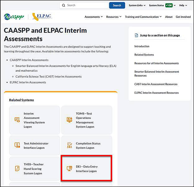 The CAASPP and ELPAC Interim Assessments web page with the DEI—Data Entry Interface Logon button indicated.