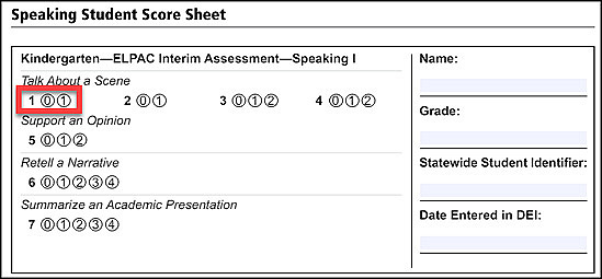 Sample Speaking Interim Assessment Student Score Sheet with item 1 indicated. 