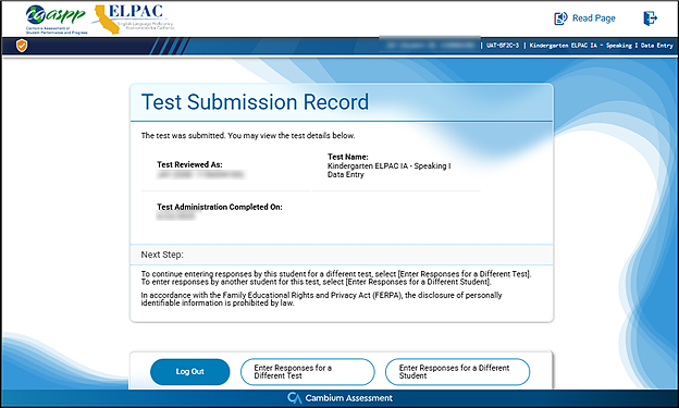 Test Submission Record screen with three buttons at the bottom: Log Out, Enter Responses for a Different Test, and Enter Responses for a Different Student.