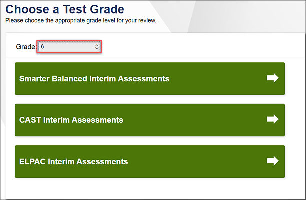 Choose a Test Grade screen with the Grade drop-down list called out and results for the grade level shown