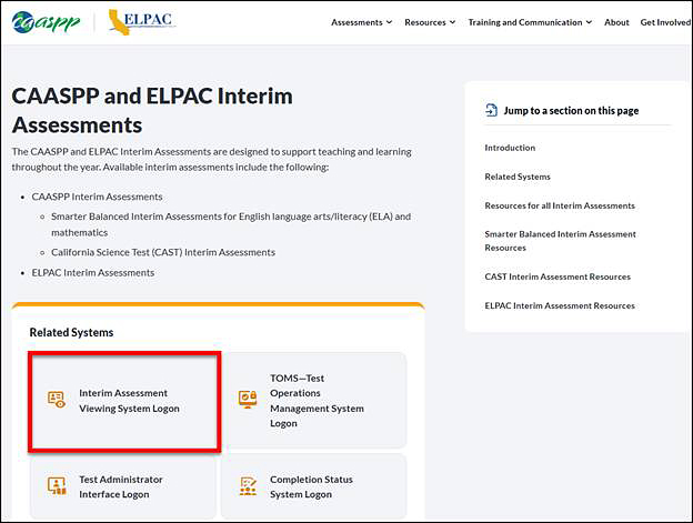 CAASPP and ELPAC Interim Assessments web page with the Interim Assessment Viewing System Logon button called out.