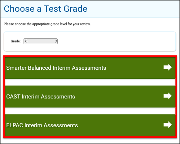 Choose a Test Grade screen with the Grade drop-down list called out and results for the grade level shown.