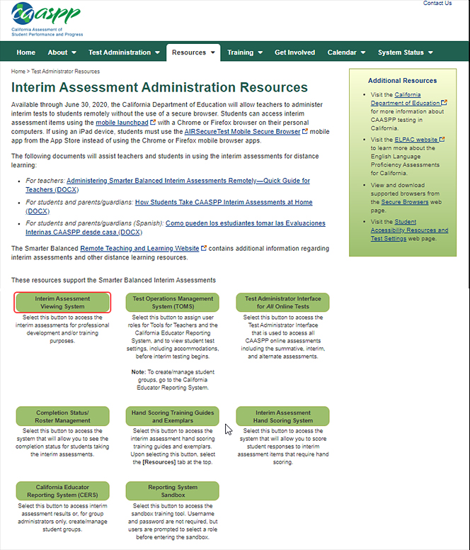 Interim Assessment Administration Resources web page with the Interim Assessment Viewing System button called out