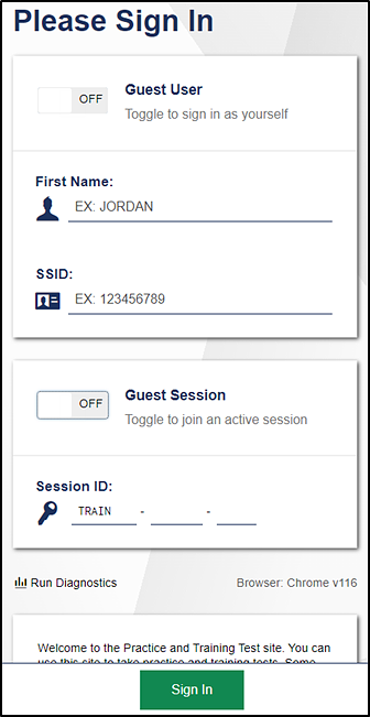 Student Sign In with 'Guest User' and 'Guest Session' toggled off