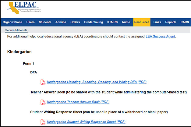 Secure Materials screen in TOMS, which contains the Initial ELPAC Directions for Administration for in-person and remote testing