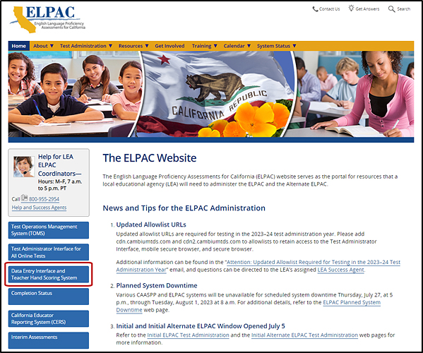 Front page of the ELPAC website with the Data Entry Interface and Teacher Hand Scoring System button indicated.