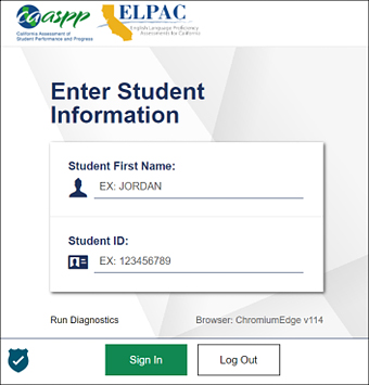 Enter Student Information screen with Student First Name and SSID fields, and Sign In and Log Out buttons.