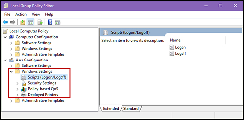 Local Group Policy Editor window with the Scripts (Logon/Logoff) option indicated