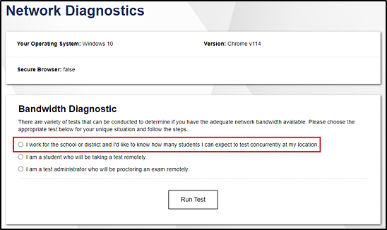 Network Diagnostics screen with the 'I work for the school or district' radio button indicated