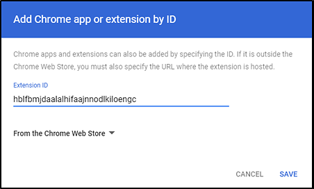 Add Chrome app or extension by ID window with hblfbmjdaalalhifaajnnodlkiloengc entered in the Extension ID field