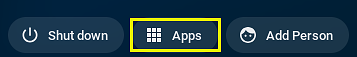 Chromebook logon screen with the Apps option indicated.