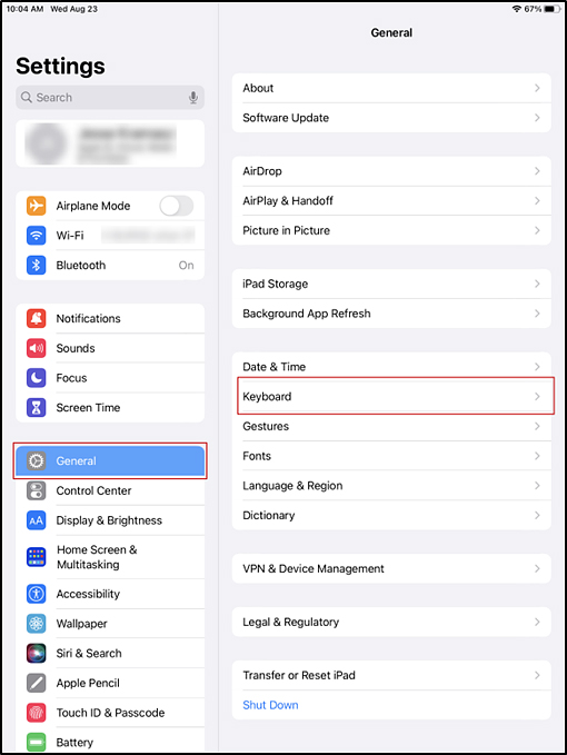 Keyboards panel in the iPadOS Settings interface with the General button and Keyboard option indicated.