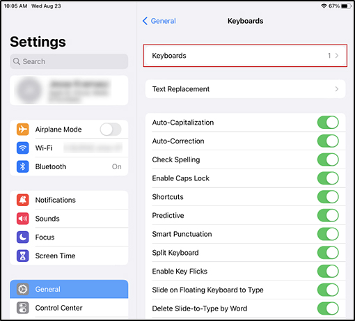 Keyboards panel in the iPadOS Settings interface with the Keyboards option indicated.